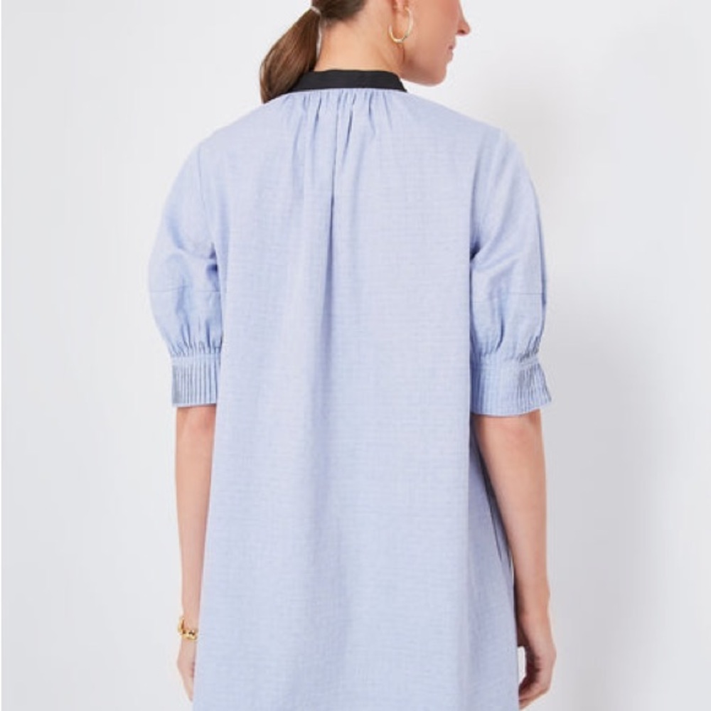 Pomander Place Blue Annalee Dress w Black Trim Babydoll Pleated Yoke Collar Puff - Picture 2 of 15